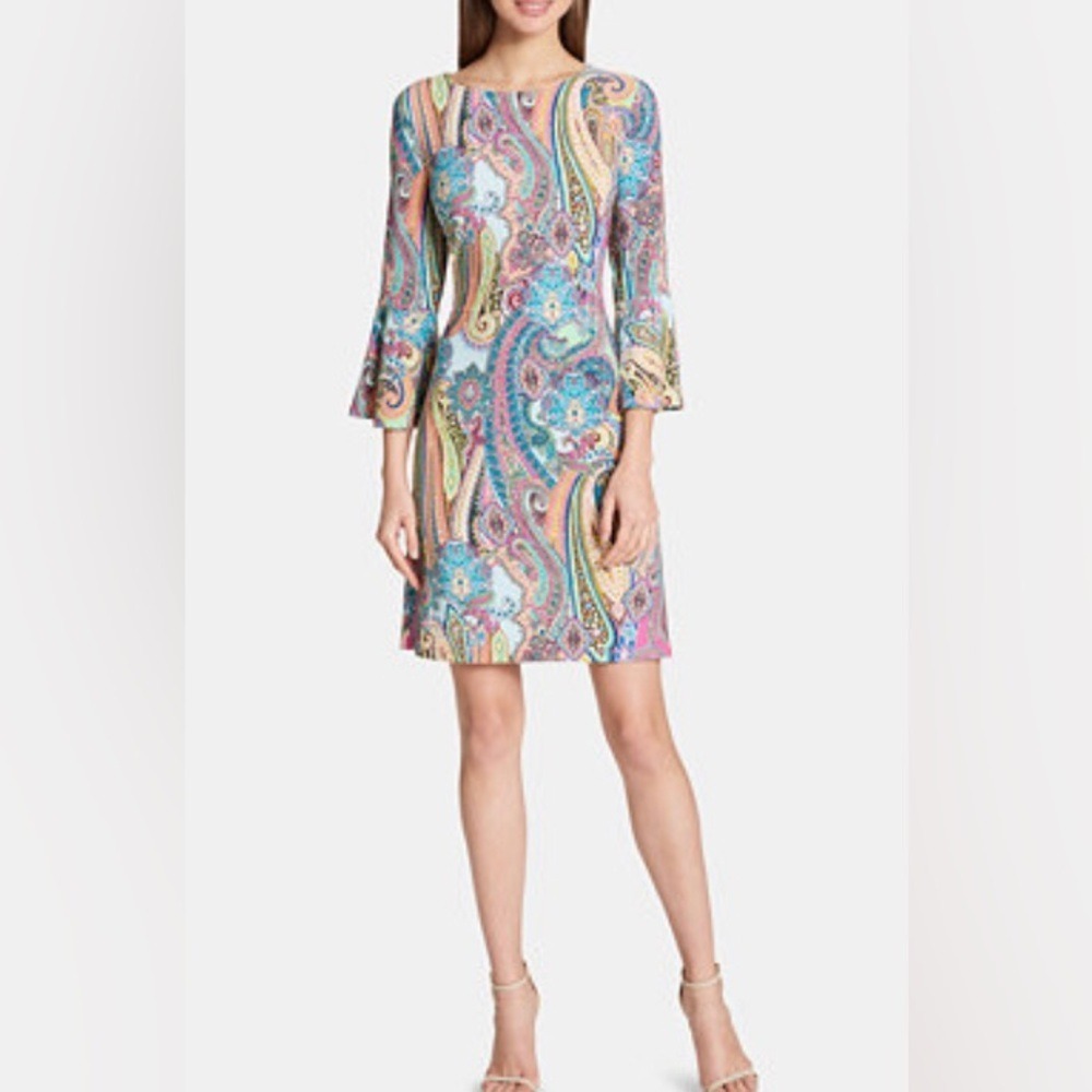 Tommy Hilfiger Women's 10 Shift Dress Multicolor Paisley Bell Sleeve Boat Neck